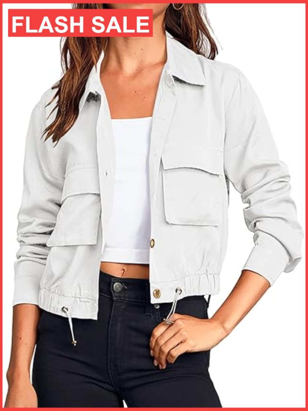 Military Safari Cropped Jacket Button Down Lightweight Utility Anorak Coat